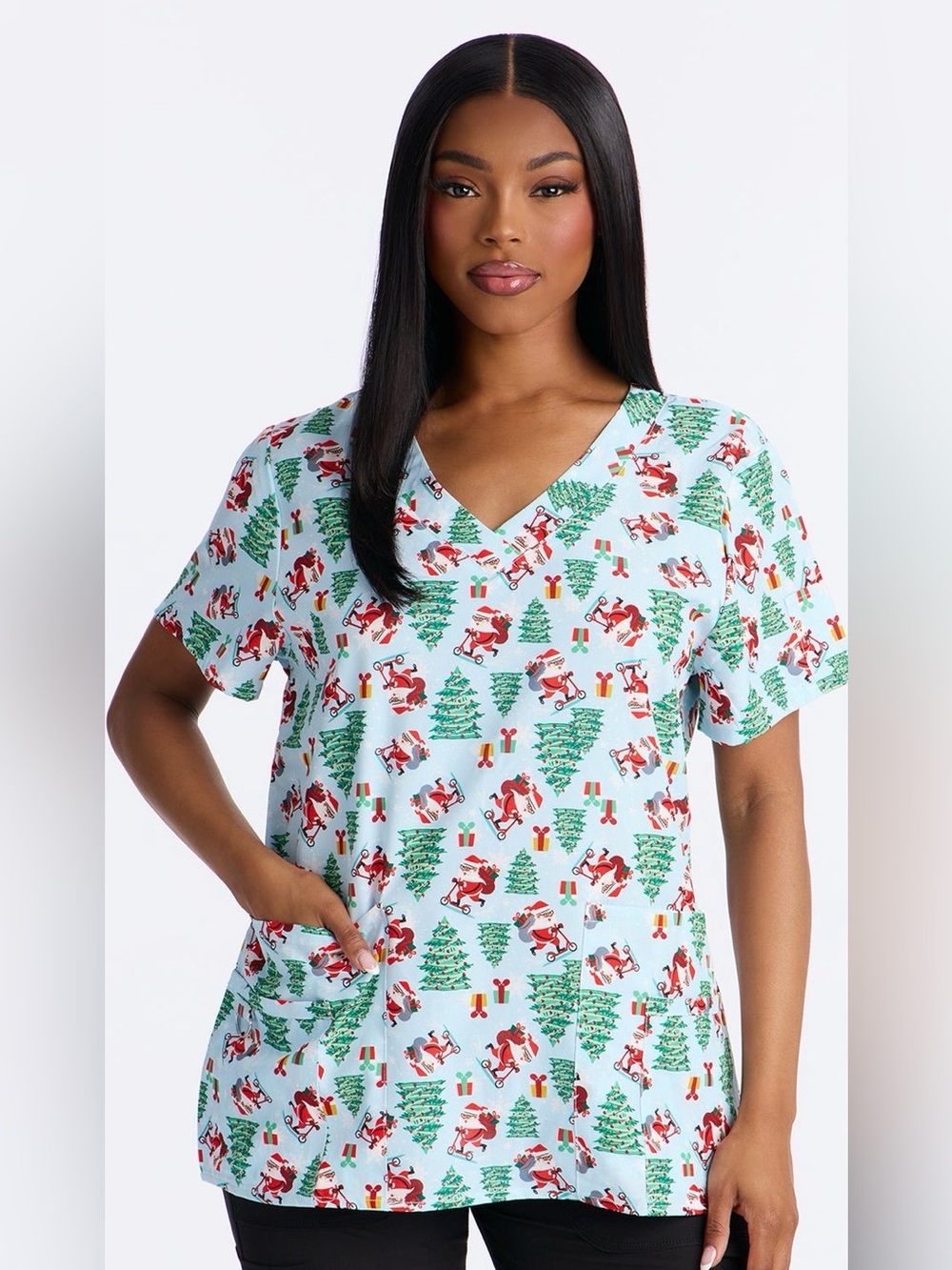 Joe Boxer Holiday Santa & Tree Print V-Neck Scrub Top - Light Blue🎄